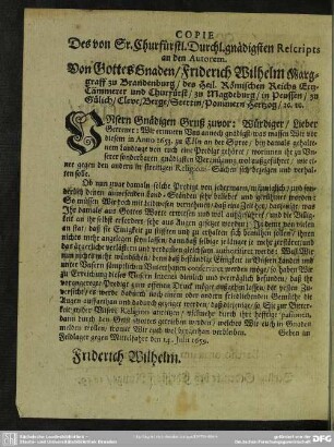 Copie Des von Sr. Churfürstl. Durchl. gnädigsten Rescripts an den Autorem