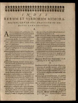 Index Rerum Et Verborum Memorabilium, Quae In Hoc Tractatu De Monetis Continentur