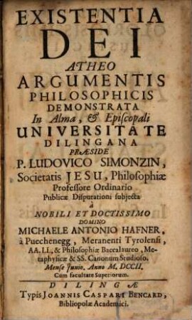 Existentia Dei Atheo Argumentis Philosophicis Demonstrata