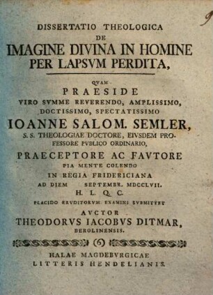 Diss. theol. de imagine divina in homine per lapsum perdita