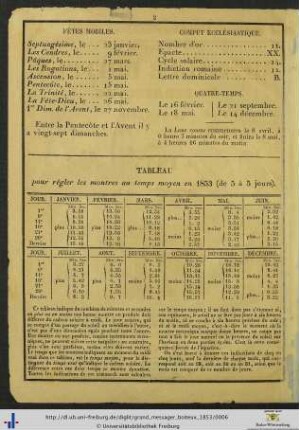 Tableau pour régler les montres au temps moyen en 1853.