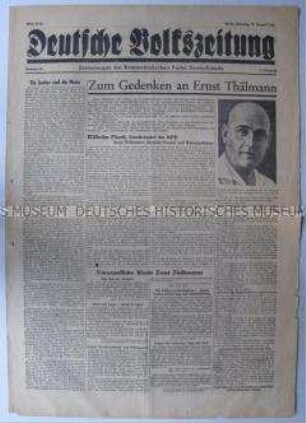 Tageszeitung der KPD "Deutsche Volkszeitung" zum Gedenken an Ernst Thälmann