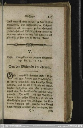 V. Text. Evangelium am zweyten Osterfeyertage. Luc. 34, 13-35. Von der Mitfreude der Christen