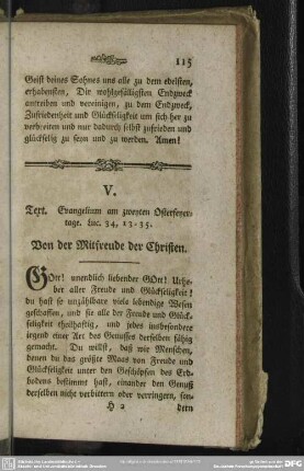 V. Text. Evangelium am zweyten Osterfeyertage. Luc. 34, 13-35. Von der Mitfreude der Christen