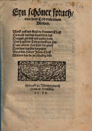 Eyn schöner spruch von dem Tod vnd einem Blinden