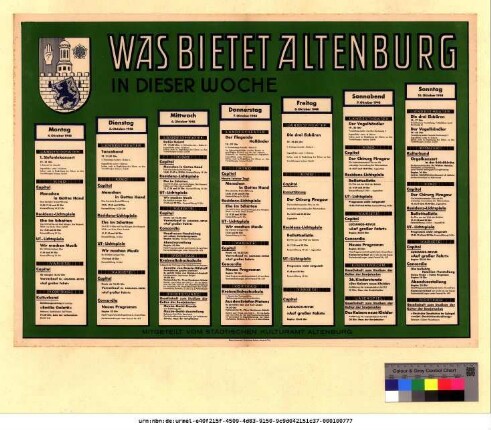 Originaltitel: Was bietet Altenburg in dieser Woche 4. Oktober bis 10. Oktober 1948 Mitgeteilt vom Städtischen Kulturamt Altenburg