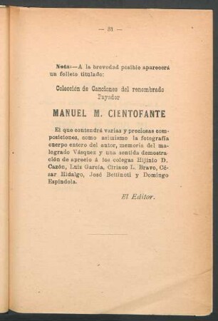Nota [Colección de canciones del renombrado payador]
