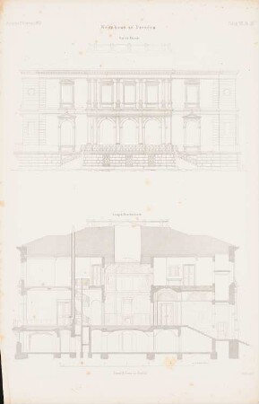 Wohnhaus, Dresden: Ansicht von der Gartenseite, Längsschnitt (aus: Atlas zur Zeitschrift für Bauwesen, hrsg. v. G. Erbkam, Jg. 7, 1857)