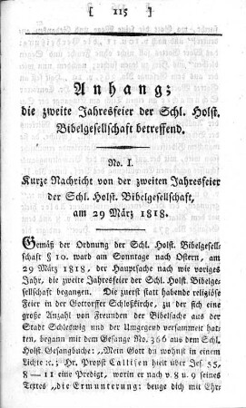 Anhang; die zweite Jahresfeier der Schl. Holst. Bibelgesellschaft betreffend.