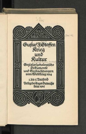 Krieg und Kultur : sozialpsychologische Dokumente und Beobachtungen vom Weltkrieg 1914