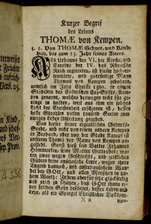 Kurzer Begrif des Lebens Thomæ von Kempen.