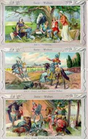 Sammel-Karten mit Motiven aus der Nibelungen-Sage und rückseitiger "Sarotti"-Werbung (5 Stück) - Sachkonvolut
