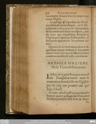 Article Onzieme. De la Transsubstantiation.
