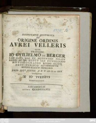 Dissertatio Historica De Origine Ordinis Avrei Velleris