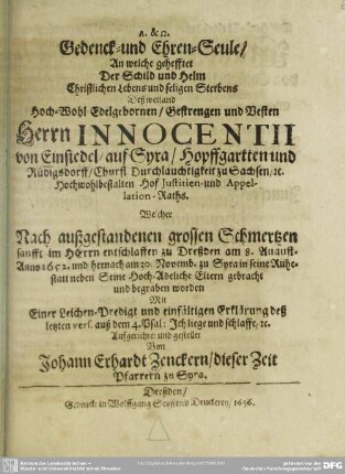 Gedenck- und Ehren-Seule, An welche gehefftet der Schild ... deß Innocentii von Einsiedel auf Syra ...