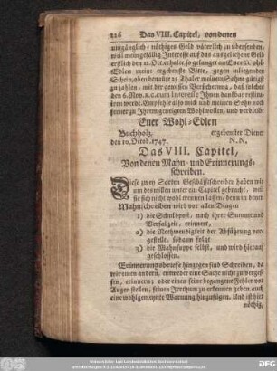 Das VIII. Capitel, Von denen Mahn- und Erinnerungsschreiben.