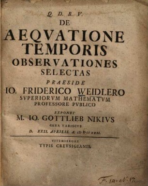 De Aeqvatione Temporis Observationes Selectae