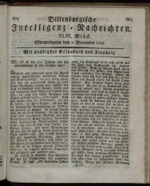 XLIX. Stück. Sonnabends den 7. December 1799.