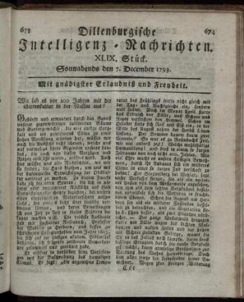 XLIX. Stück. Sonnabends den 7. December 1799.