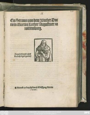 Ein Sermon von dem Wucher Doc||toris Martini Luther Augustiner zu || wittemburg.|| ... ||