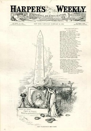 The Washington monument. [In der Zeichnung befindet sich ein Textblock] : Columbia enthüllt ein Bild von George Washington, das vor einem Obelisken steht