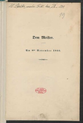 Dem Meister : am 8ten November 1860