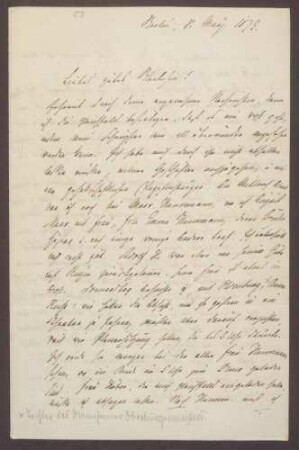 Schreiben von Moritz Ellstätter, Berlin, an seine Frau Marie: - Besuche und Einladungen bei Hansemanns, Gladbecks, Anna Reiß (zusammen mit Oldenburg), Frau Höber, [Hermann] Duncker - Kritik an [Rudolf von] Freydorf - Verhältnis zu [Rudolf von] Freydorf - Privates - Teuerung in Berlin - Reisepläne