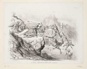 12.e siècle. Episode de chevalerie errante, Blatt 4 der Folge "Folies-Gauloises depuis les Romains jusqu'à nos Jours. Album de Moeurs et de Costumes"