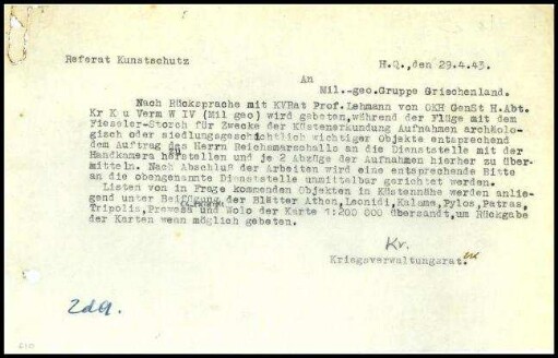 Schreiben; Referant Kunstschutz an Mil-Geo-Gruppe Griechenland