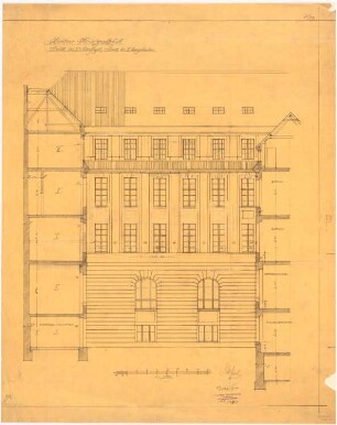 Berliner Handelsgesellschaft, Berlin Erweiterung: 2. Seitenflügel: Ansicht mit Quergebäudeschnitten 1:50