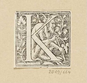 Buchstabe K, Satyr mit Horn, Initiale zu einem römischen Majuskel-Alphabet