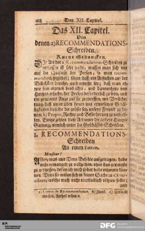 Das XII. Capitel. Von denen a) RECOMMENDATIONS-Schreiben.