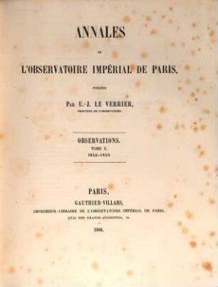 Annales de l'Observatoire de Paris. Observations. 10. 1853