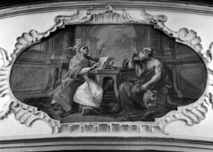 Der heilige Gregor und der heilige Hieronymus : Der heilige Gregor und der heilige Hieronymus. Tafelmalerei (1753; J. J. Zeiller). Sachsenried (Dietmannsried), Pfarrkirche Sankt Martin, Westempore, Brüstung