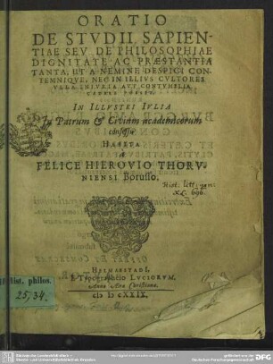 Oratio de studii sapientiae seu de dignitate ac praestantia tanta