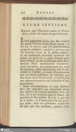 Etude Septieme. Réponse aux Objections contre la Providence, tirées des maux du genre humain