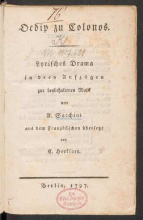 Oedip zu Colonos : Lyrisches Drama in drey Aufzügen