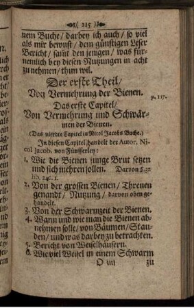 Der erste Theil/ Von Vermehrung der Bienen. Das erste Capitel/ Von Vermehrung und Schwärmen der Bienen. (Das vierdte Capitel in Nicol Jacobs Buche.)