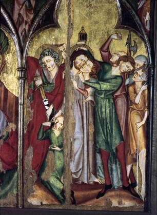 Hofgeismarer Passionsretabel — Linker Flügel - Christus am Ölberg und seine Gefangennahme — Gefangennahme Christi