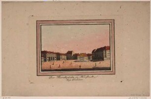 Dresden, der Neustädter Markt nach Westen mit dem Reiterstandbild August des Starken (Goldener Reiter), links die Neustädter Wache (Blockhaus) und rechts das Neustädter Rathaus