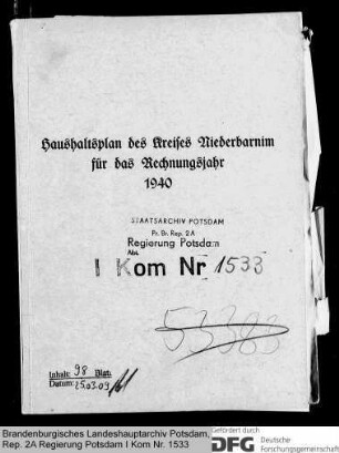 Haushaltspläne des Kreises Niederbarnim für das Rechnungsjahr 1940