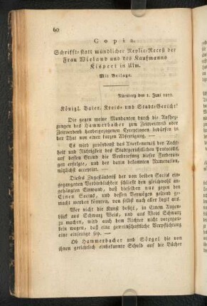 Copia. Schrifft- statt mündlicher Replic-Receß der Frau Wieland und des Kaufmanns Kispert in Ulm. Mit Beilagen.