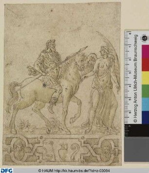 Bärtiger Mann zu Pferd, von der Siegesgöttin geleitet, unten ein Krug