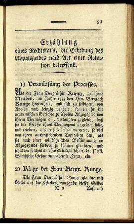 Erzählung eines Rechtsfalls, die Erhebung des Abzugsgeldes nach art einer Retorsion betreffend.