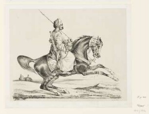 Orientalisch gekleideter Mann mit Turban und Lanze auf einem Pferd reitend