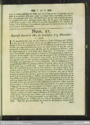 Num. 27. Réponse donée à Mr. de Robinson le 5. Decembre 1732