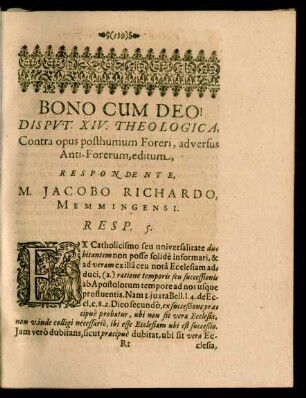 Disputatio XIV. Theologica, ... Respondente, M. Jacobo Richardo, Memmingensi.
