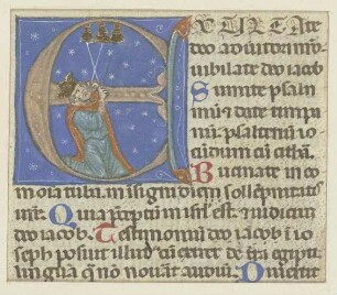 Initiale E: Darin ein kniender Mann mit Krone, drei Glocken läutend (verso Textfragment)