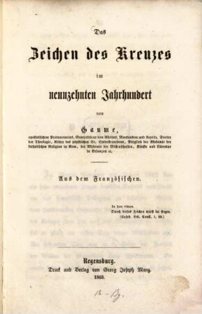 Das Zeichen des Kreuzes im neunzehnten Jahrhundert : Aus dem Französischen