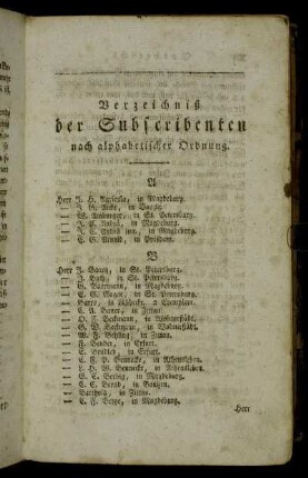 Verzeichniß der Subscribenten nach alphabetischer Ordnung.